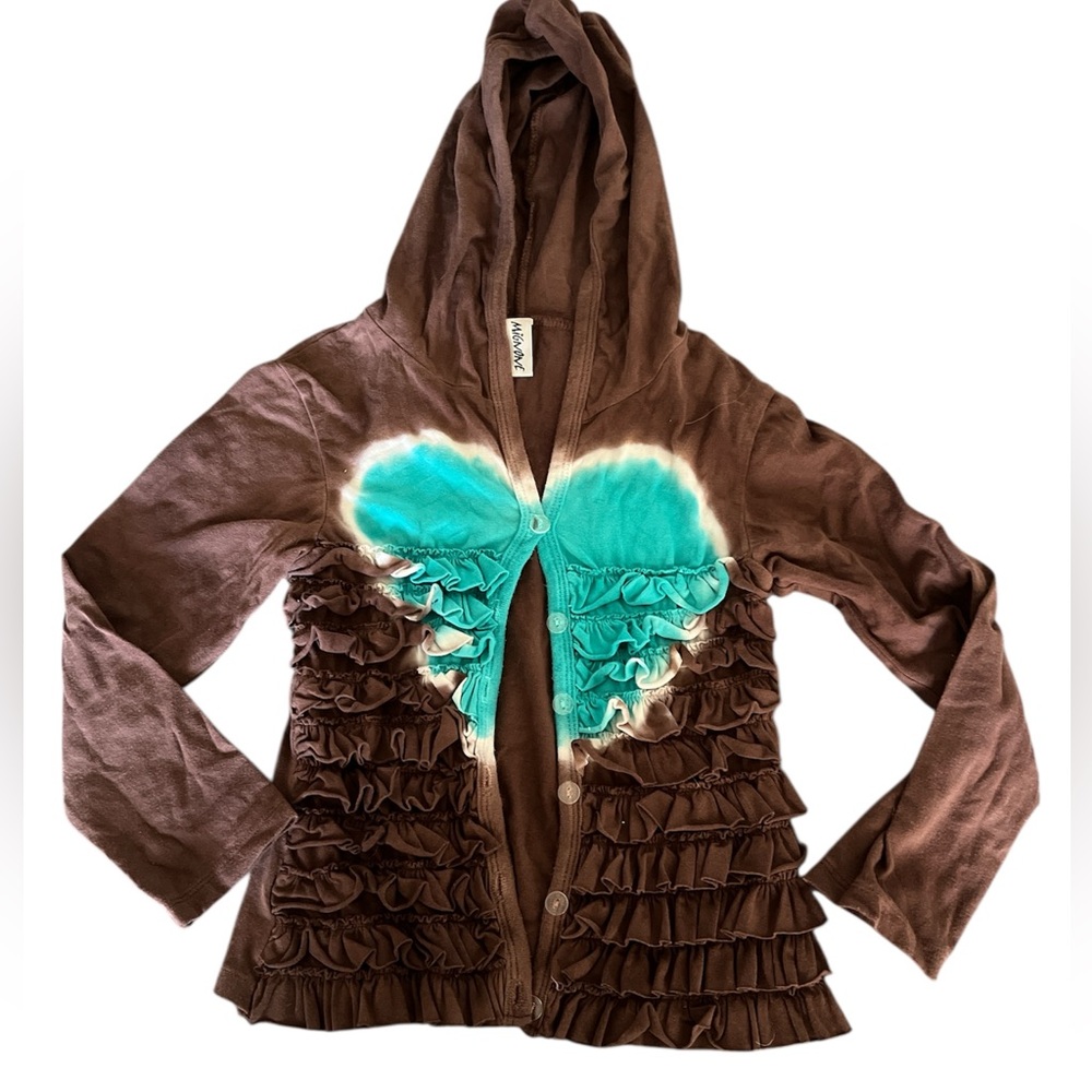 Mignone girls’ size 6x brown and teal ruffled hooded button up top with heart